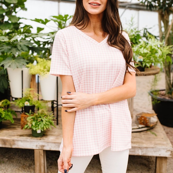 Dash of Pink Tops - Gingham V-Neck Top in Pale Pink
